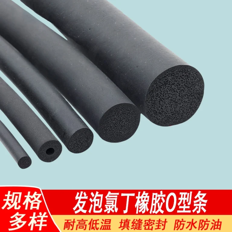Multi‑size black foamed neoprene O‑shaped rod, solid and hollow porous cross‑section display