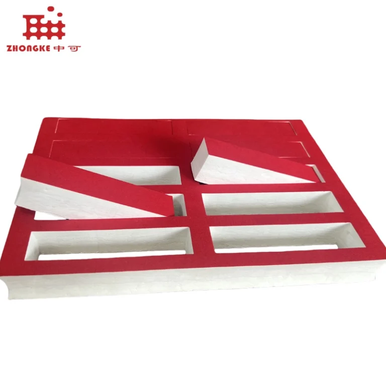 Industrial custom flocked EPE foam inner liner, red and white molded foam insert with rectangular cavities for product fixing