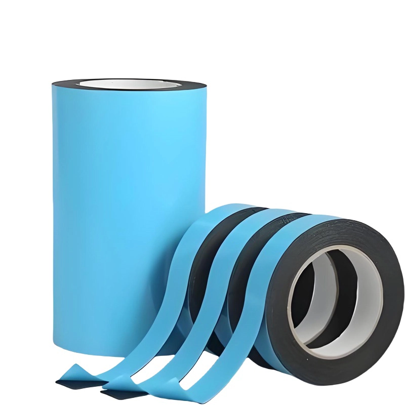 PE Double‑Sided Tape, black PE substrate with blue release film, partial‑unfold roll sample
