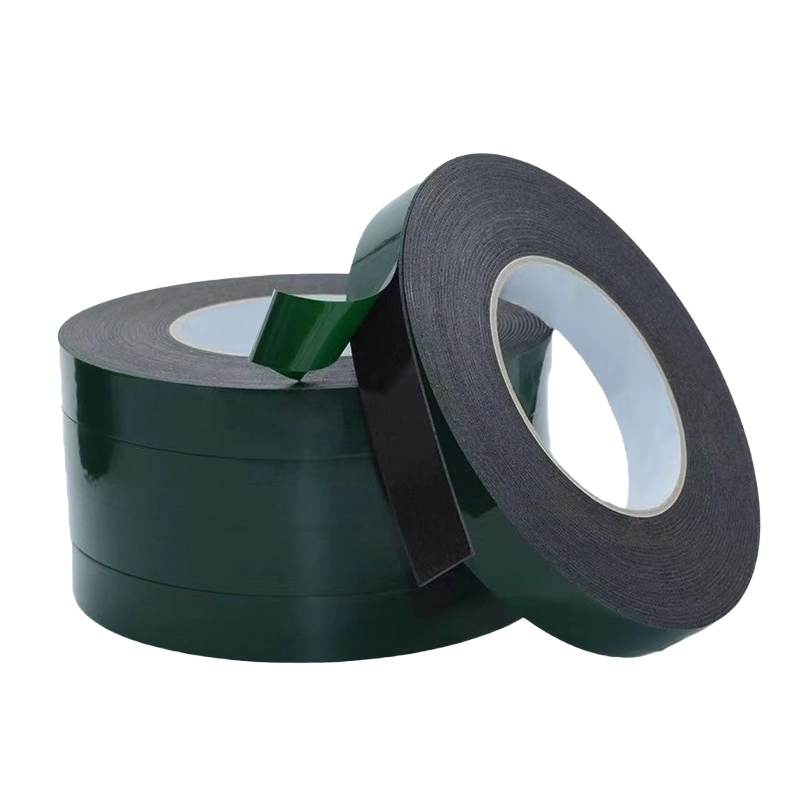 PE Double‑Sided Tape, black PE substrate with dark‑green release film, roll‑form adhesive tape