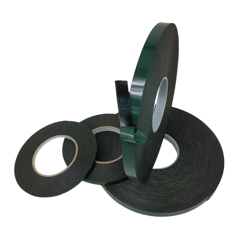 PE Double‑Sided Tape, black PE substrate with dark‑green release film, variable‑width roll samples