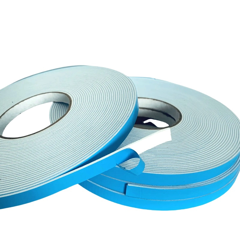 PE Double‑Sided Tape, black PE substrate with light‑blue release film, high‑thickness roll tape