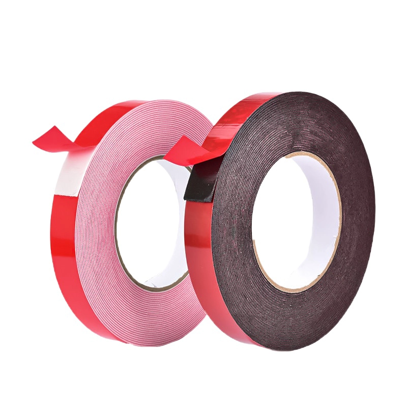 PE Double‑Sided Tape, black PE substrate with red release film, display roll sample
