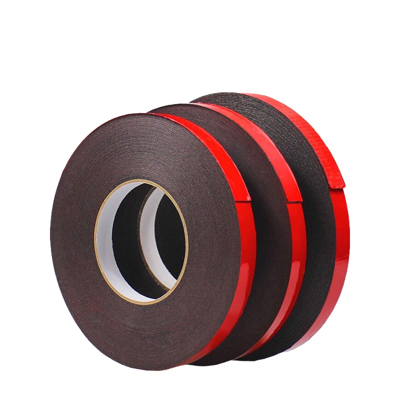 PE Double‑Sided Tape, black PE substrate with red release film, industrial roll tape