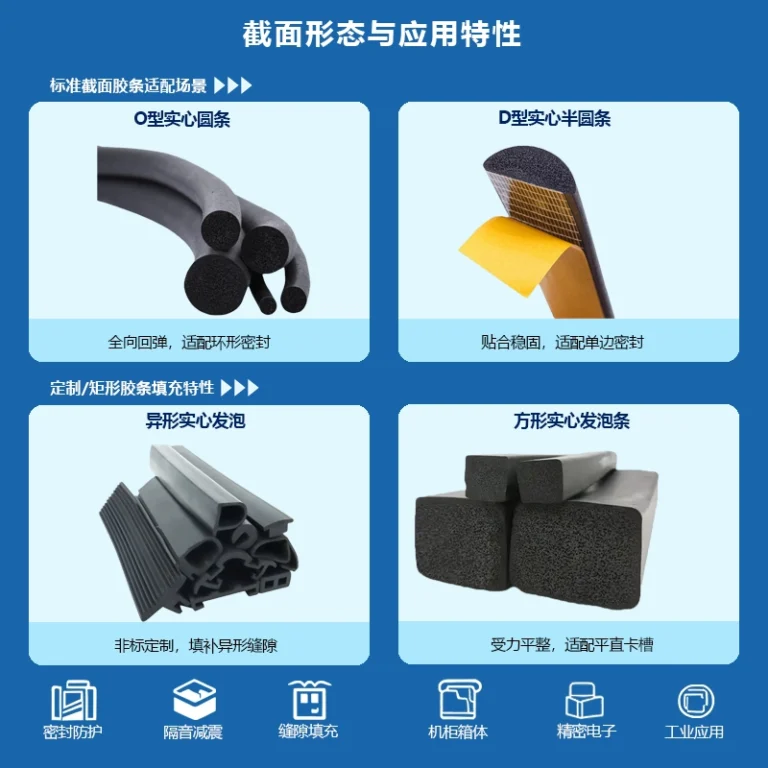 Infographic showing O‑round, D‑semi‑circular, special‑shaped and square foam rubber sealing strip cross‑section and application scenarios